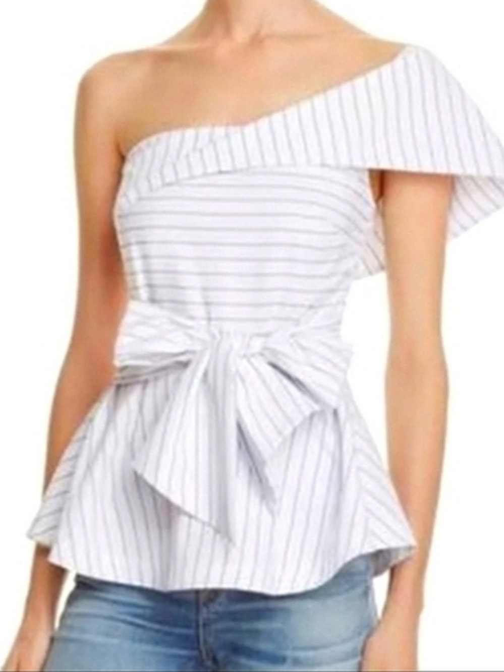 Gracia White with Light-Gray Pinstripe One-Shoulder Peplum Tie-Waist Top